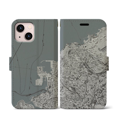 【浦添（沖縄県）】地図柄iPhoneケース（手帳タイプ）モノトーン・iPhone 13 mini 用