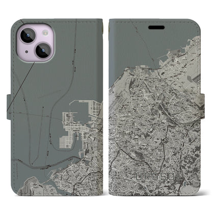 【浦添（沖縄県）】地図柄iPhoneケース（手帳タイプ）モノトーン・iPhone 14 用
