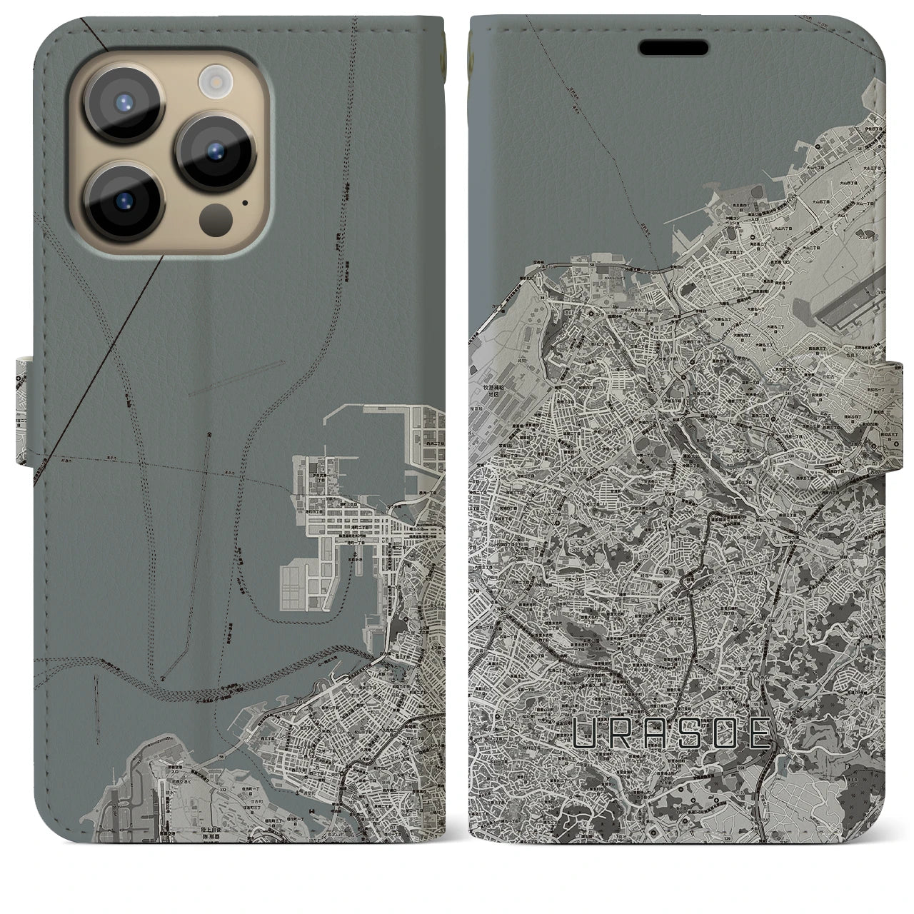 【浦添】地図柄iPhoneケース（手帳両面タイプ・モノトーン）iPhone 14 Pro Max 用