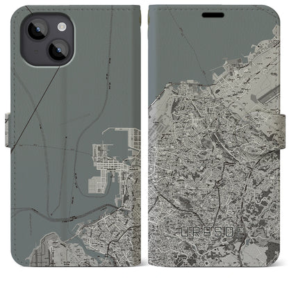【浦添（沖縄県）】地図柄iPhoneケース（手帳タイプ）モノトーン・iPhone 14 Plus 用