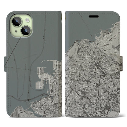 【浦添（沖縄県）】地図柄iPhoneケース（手帳タイプ）モノトーン・iPhone 15 用
