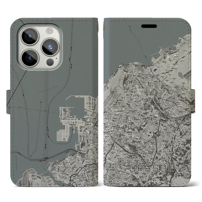 【浦添（沖縄県）】地図柄iPhoneケース（手帳タイプ）モノトーン・iPhone 15 Pro 用