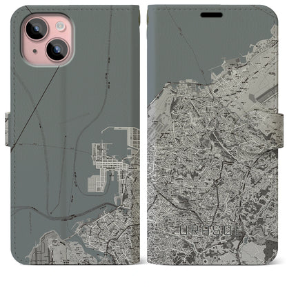 【浦添（沖縄県）】地図柄iPhoneケース（手帳タイプ）モノトーン・iPhone 15 Plus 用