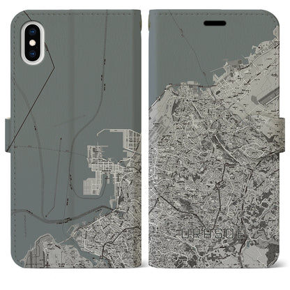 【浦添（沖縄県）】地図柄iPhoneケース（手帳タイプ）モノトーン・iPhone XS Max 用