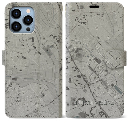 【浦和美園2（埼玉県）】地図柄iPhoneケース（手帳タイプ）モノトーン・iPhone 13 Pro Max 用