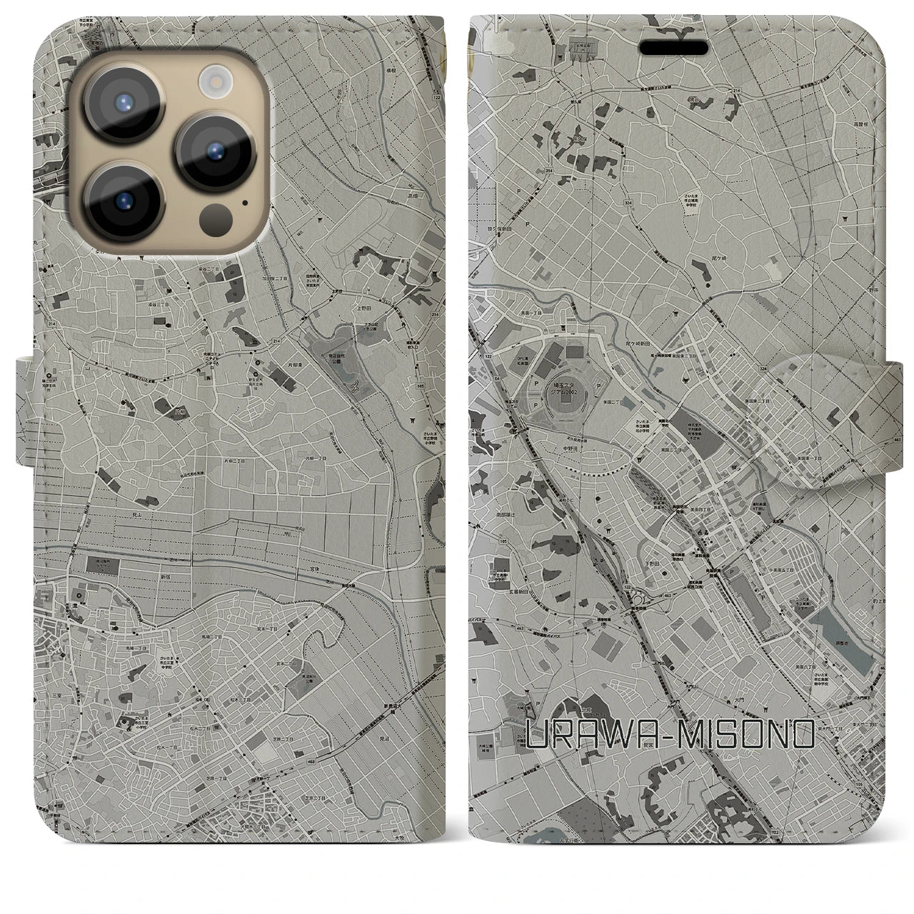 【浦和美園2】地図柄iPhoneケース（手帳両面タイプ・モノトーン）iPhone 14 Pro Max 用