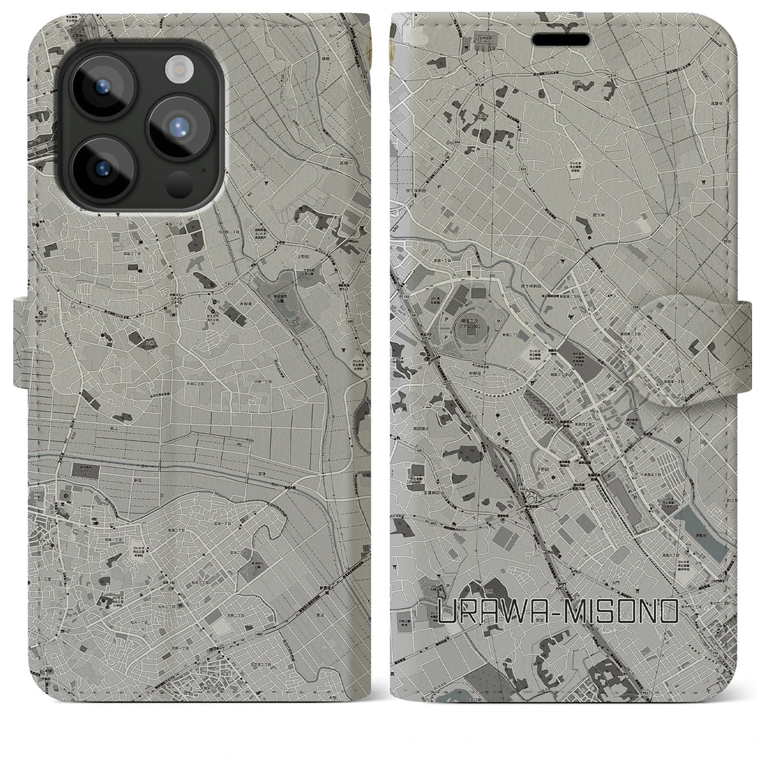 【浦和美園2】地図柄iPhoneケース（手帳両面タイプ・モノトーン）iPhone 15 Pro Max 用