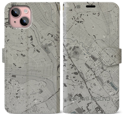 【浦和美園2（埼玉県）】地図柄iPhoneケース（手帳タイプ）モノトーン・iPhone 15 Plus 用