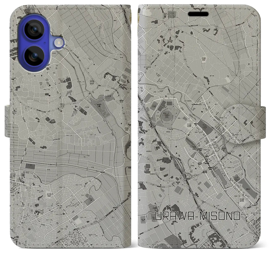 【浦和美園2(埼玉県)】地図柄iPhoneケース(手帳タイプ)モノトーン・iPhone 16 Pro Max 用