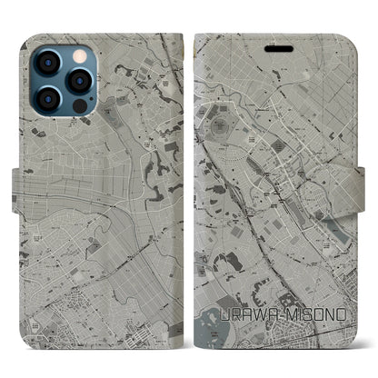 【浦和美園（埼玉県）】地図柄iPhoneケース（手帳タイプ）モノトーン・iPhone 12 / 12 Pro 用