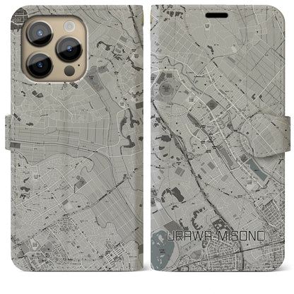 【浦和美園（埼玉県）】地図柄iPhoneケース（手帳タイプ）モノトーン・iPhone 14 Pro Max 用