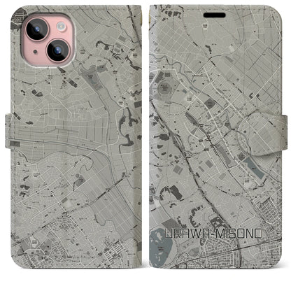 【浦和美園（埼玉県）】地図柄iPhoneケース（手帳タイプ）モノトーン・iPhone 15 Plus 用