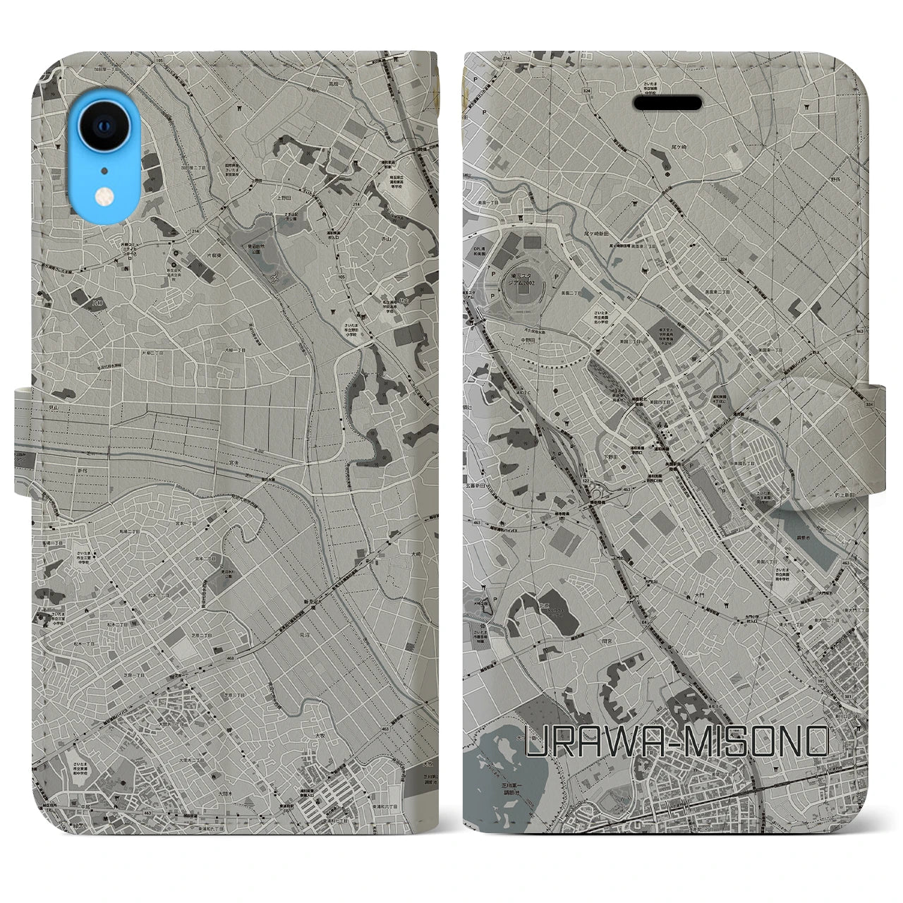 【浦和美園】地図柄iPhoneケース（手帳両面タイプ・モノトーン）iPhone XR 用