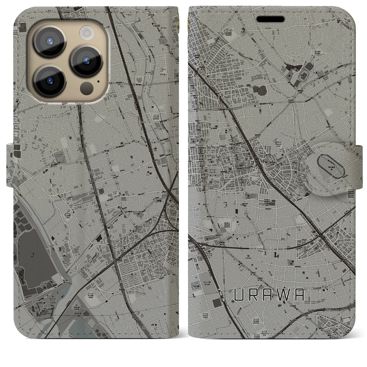 【浦和】地図柄iPhoneケース（手帳両面タイプ・モノトーン）iPhone 14 Pro Max 用