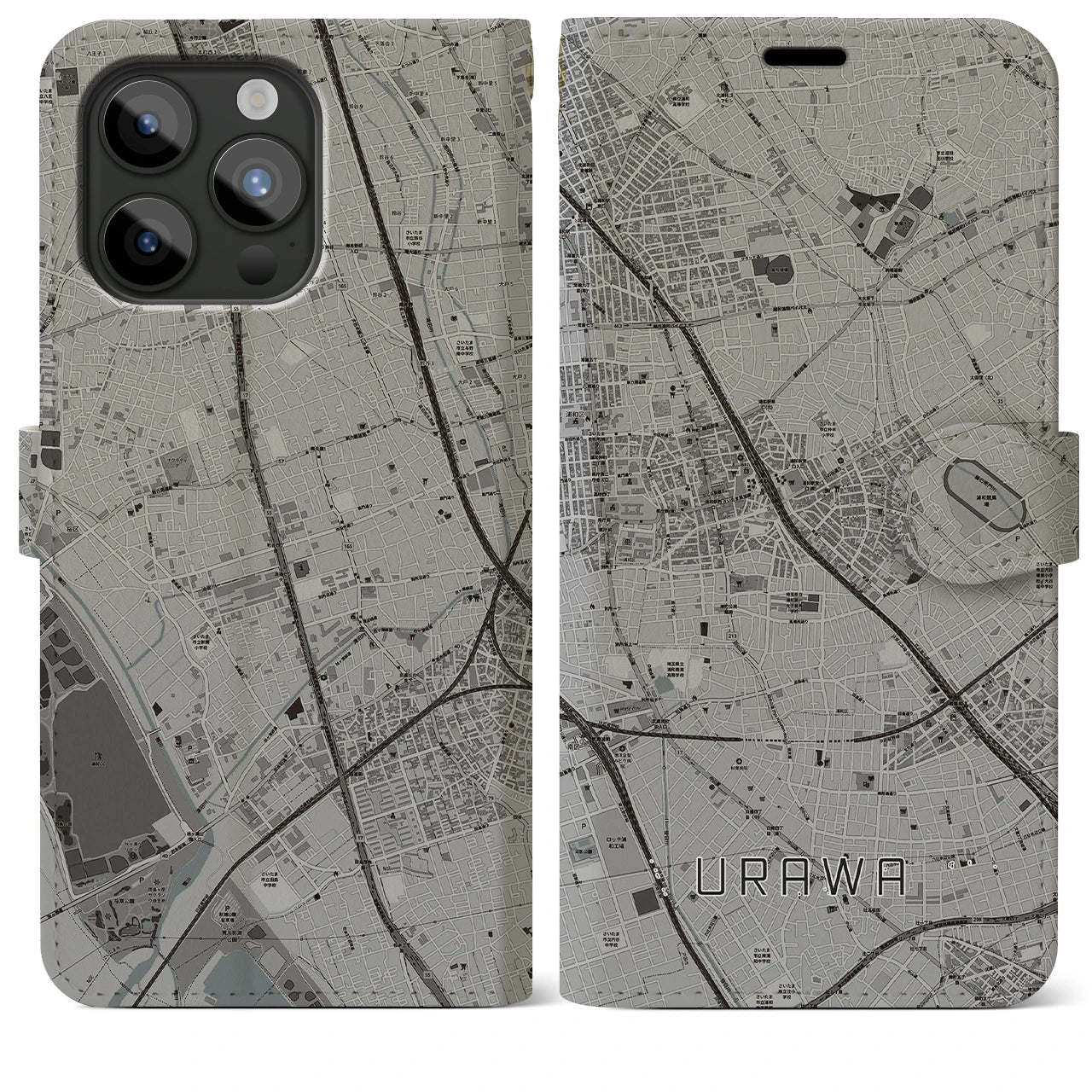 【浦和】地図柄iPhoneケース（手帳両面タイプ・モノトーン）iPhone 15 Pro Max 用