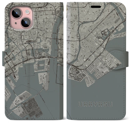 【浦安2（千葉県）】地図柄iPhoneケース（手帳タイプ）モノトーン・iPhone 15 Plus 用