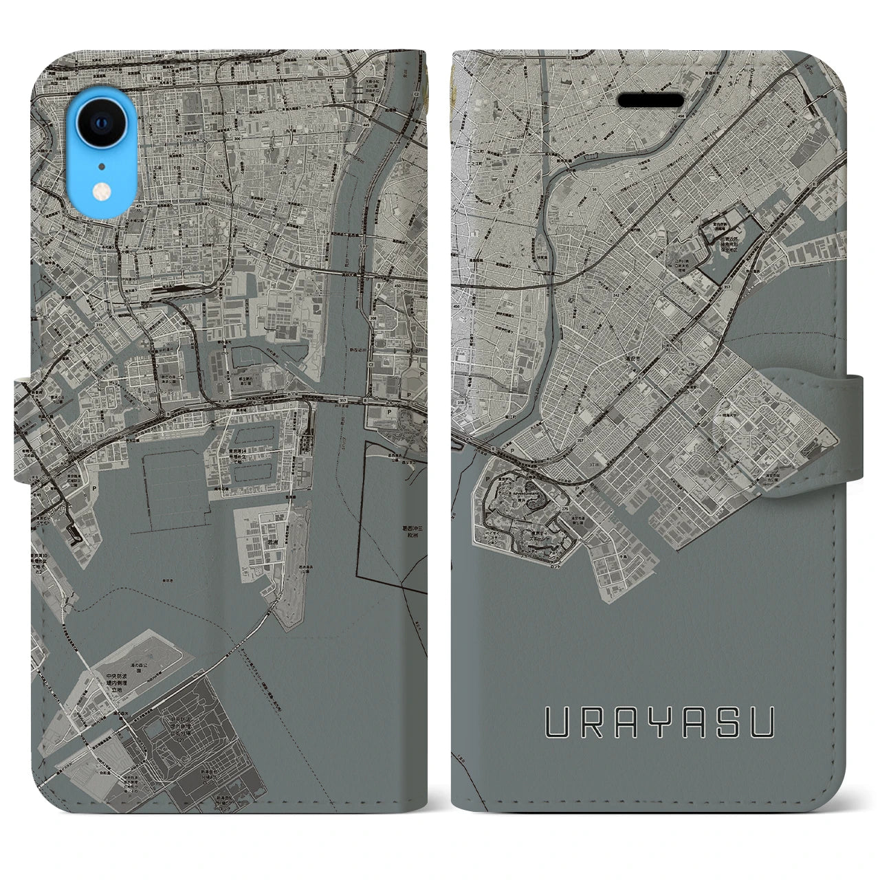 【浦安2】地図柄iPhoneケース（手帳両面タイプ・モノトーン）iPhone XR 用