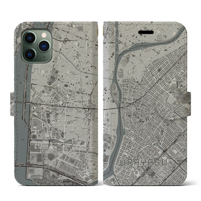 【浦安（千葉県）】地図柄iPhoneケース（手帳タイプ）モノトーン・iPhone 11 Pro 用