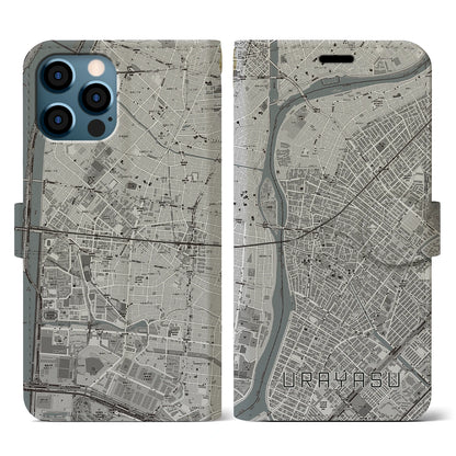 【浦安（千葉県）】地図柄iPhoneケース（手帳タイプ）モノトーン・iPhone 12 / 12 Pro 用