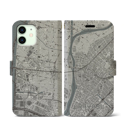 【浦安（千葉県）】地図柄iPhoneケース（手帳タイプ）モノトーン・iPhone 12 mini 用
