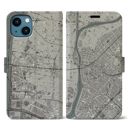 【浦安（千葉県）】地図柄iPhoneケース（手帳タイプ）モノトーン・iPhone 13 用