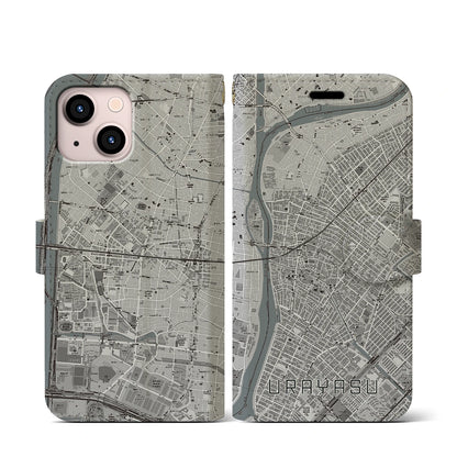 【浦安（千葉県）】地図柄iPhoneケース（手帳タイプ）モノトーン・iPhone 13 mini 用