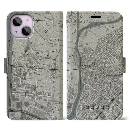 【浦安（千葉県）】地図柄iPhoneケース（手帳タイプ）モノトーン・iPhone 14 用