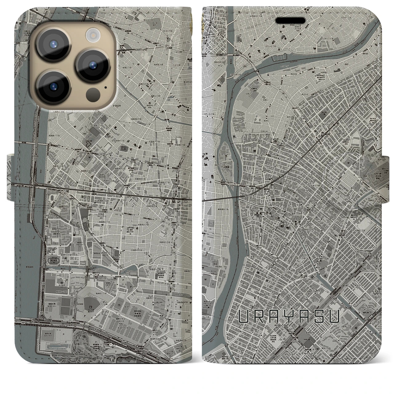 【浦安】地図柄iPhoneケース（手帳両面タイプ・モノトーン）iPhone 14 Pro Max 用