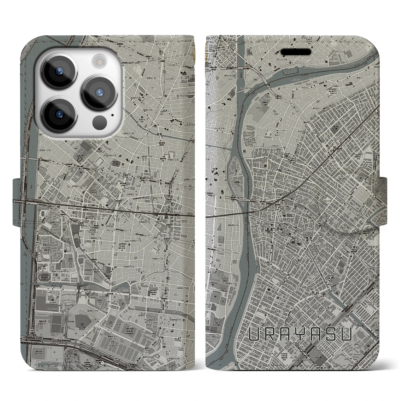 【浦安】地図柄iPhoneケース（手帳両面タイプ・モノトーン）iPhone 14 Pro 用