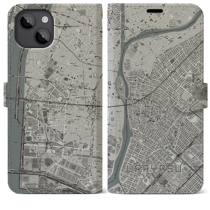 【浦安（千葉県）】地図柄iPhoneケース（手帳タイプ）モノトーン・iPhone 14 Plus 用
