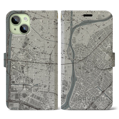 【浦安（千葉県）】地図柄iPhoneケース（手帳タイプ）モノトーン・iPhone 15 用
