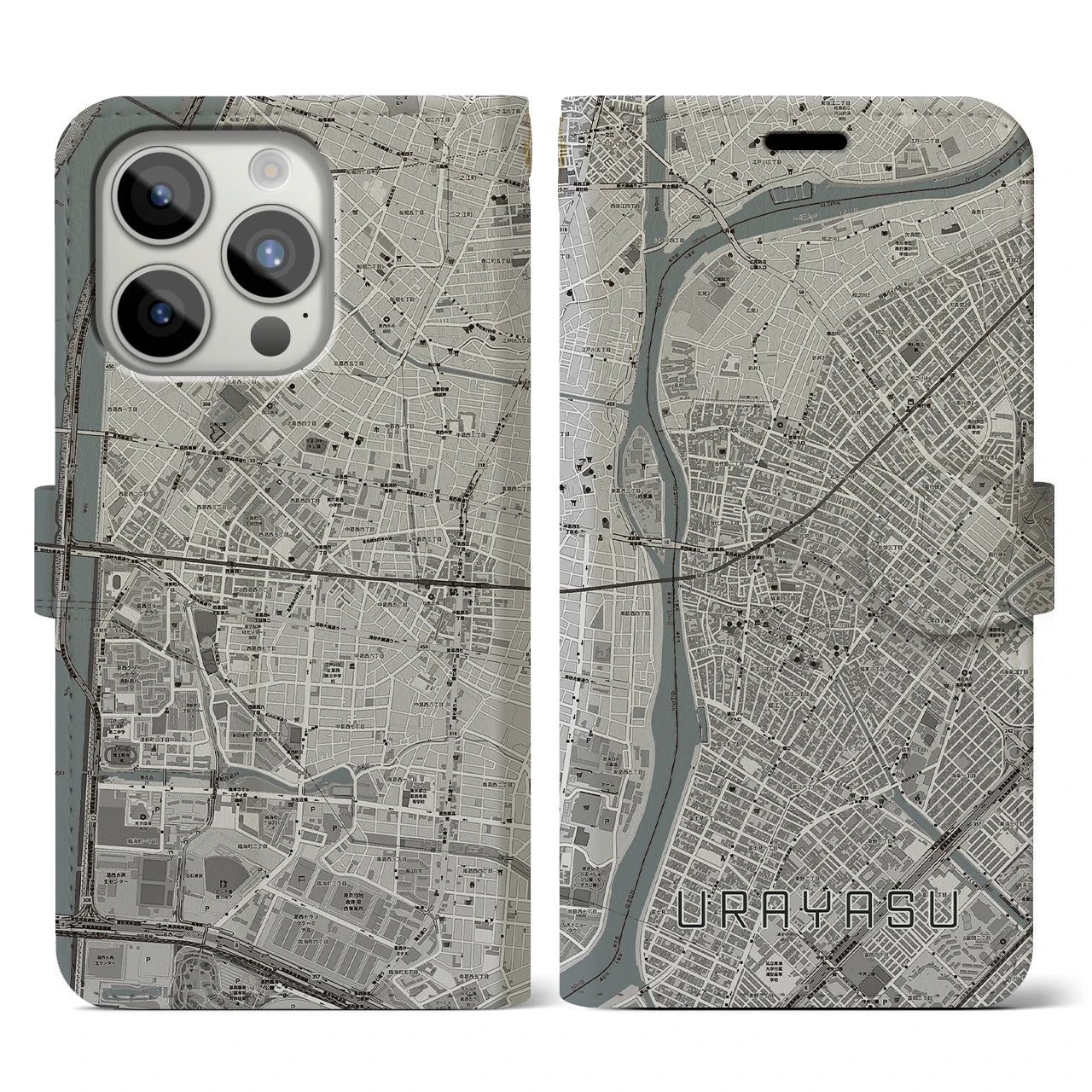 【浦安】地図柄iPhoneケース（手帳両面タイプ・モノトーン）iPhone 15 Pro 用