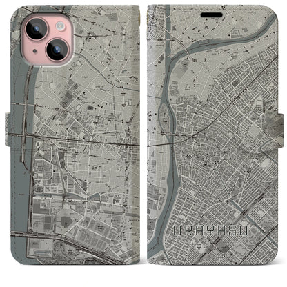 【浦安（千葉県）】地図柄iPhoneケース（手帳タイプ）モノトーン・iPhone 15 Plus 用