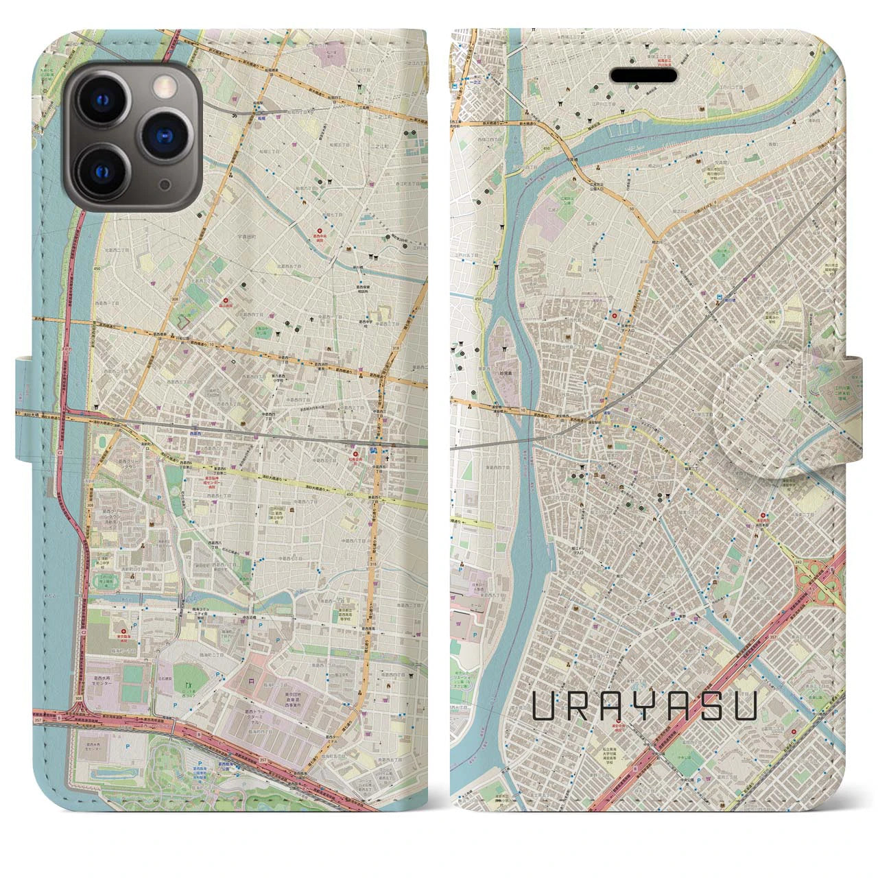 【浦安】地図柄iPhoneケース（手帳両面タイプ・ナチュラル）iPhone 11 Pro Max 用