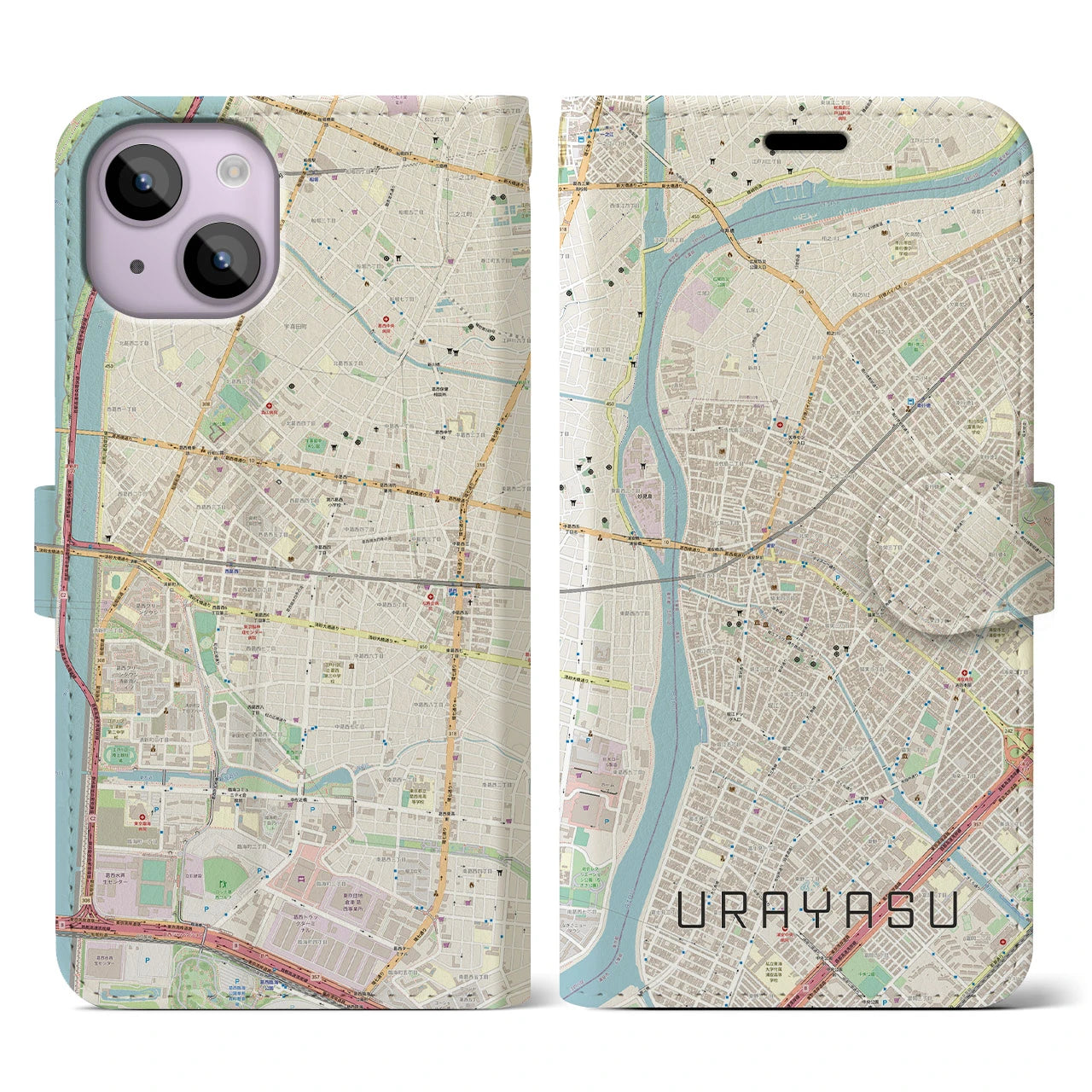 【浦安】地図柄iPhoneケース（手帳両面タイプ・ナチュラル）iPhone 14 用