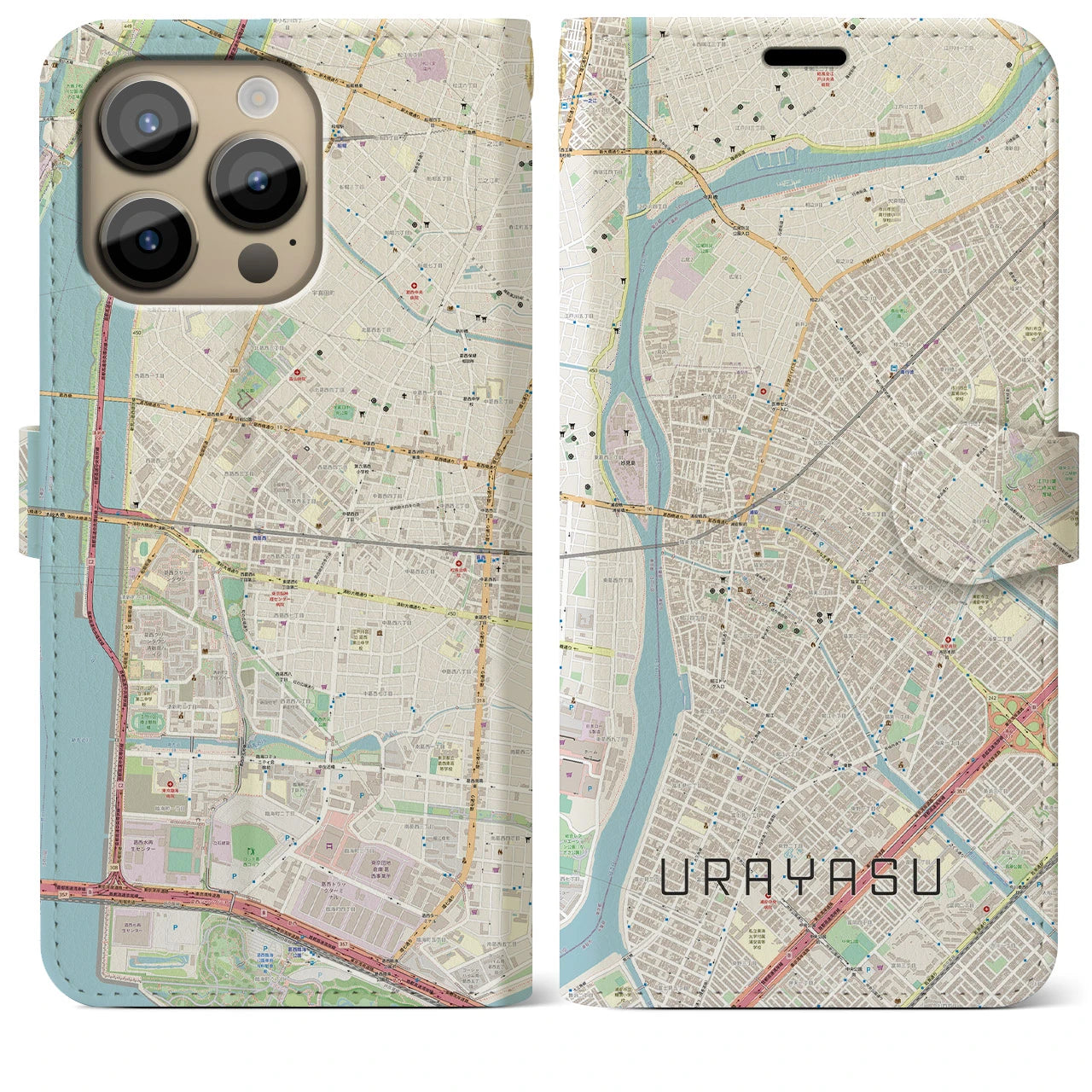 【浦安】地図柄iPhoneケース（手帳両面タイプ・ナチュラル）iPhone 14 Pro Max 用