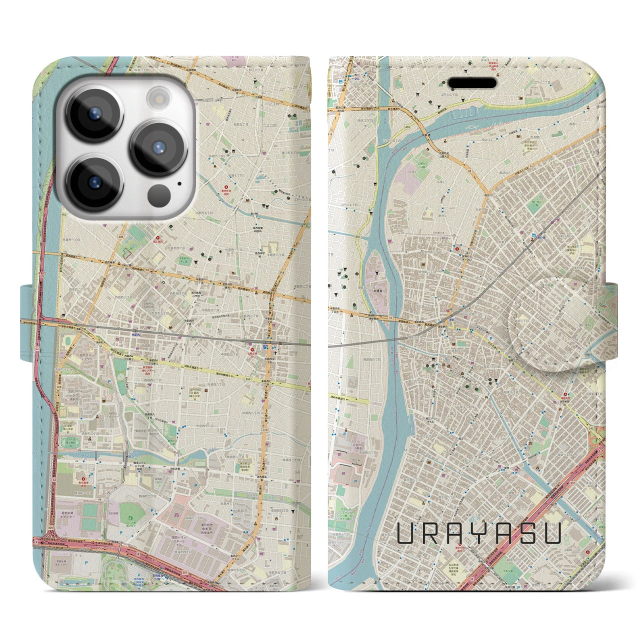 【浦安】地図柄iPhoneケース（手帳両面タイプ・ナチュラル）iPhone 14 Pro 用