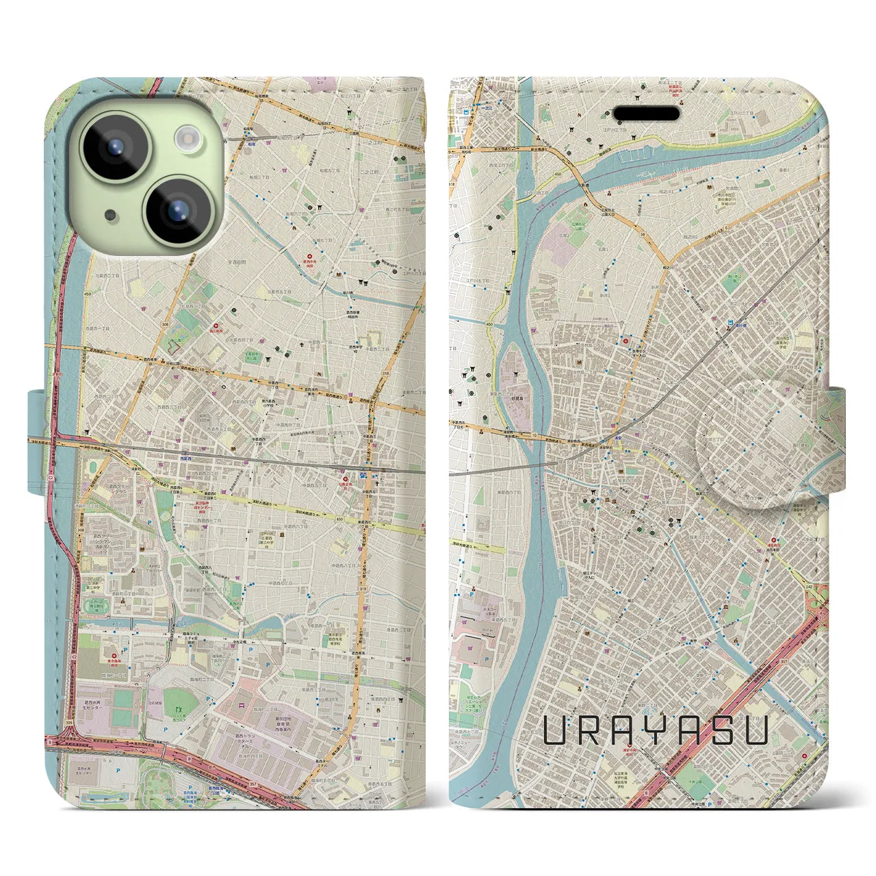 【浦安】地図柄iPhoneケース（手帳両面タイプ・ナチュラル）iPhone 15 用