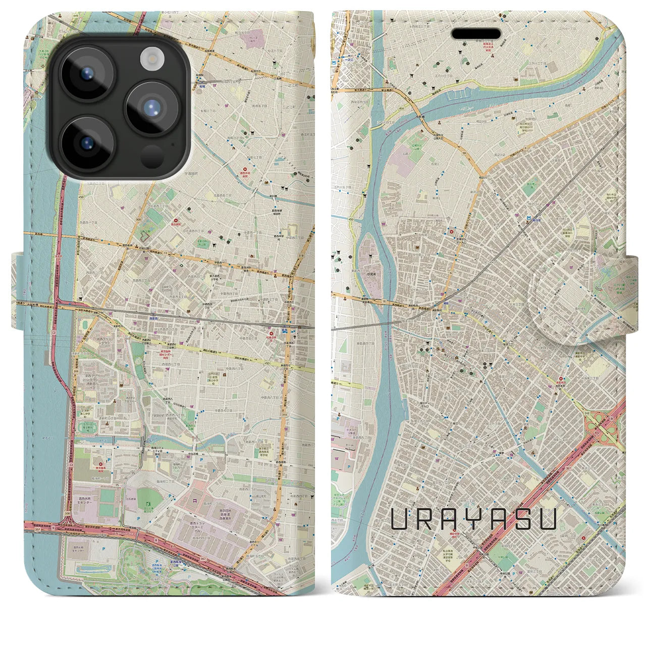 【浦安】地図柄iPhoneケース（手帳両面タイプ・ナチュラル）iPhone 15 Pro Max 用