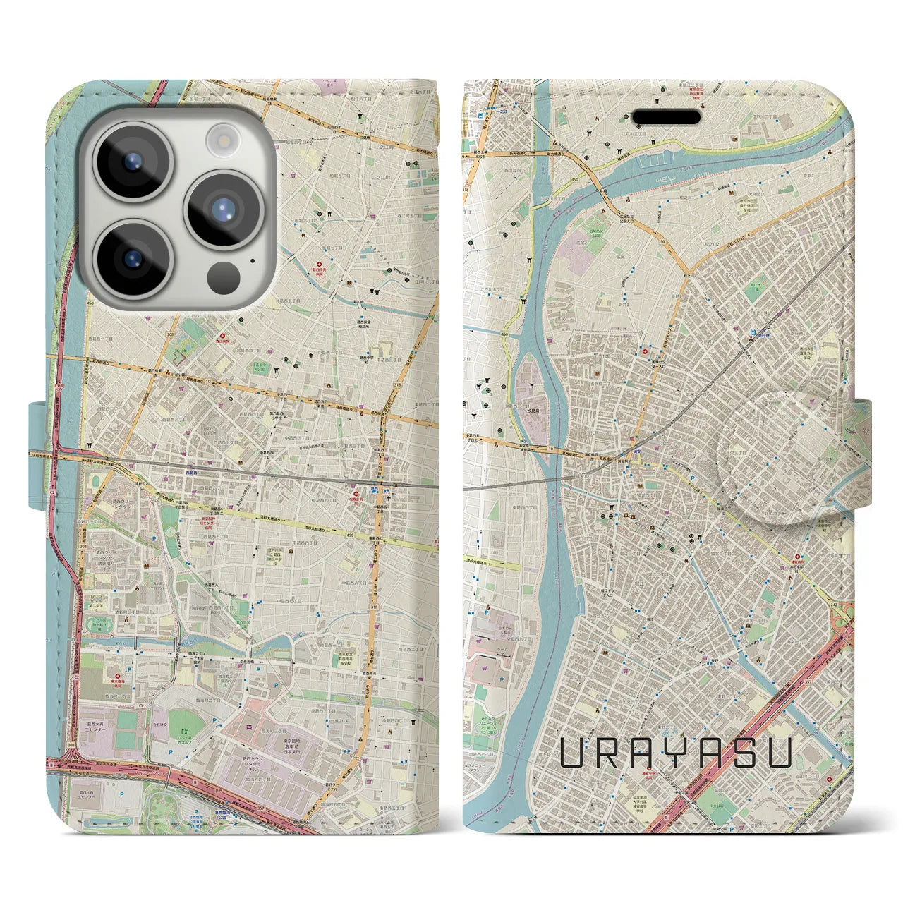 【浦安】地図柄iPhoneケース（手帳両面タイプ・ナチュラル）iPhone 15 Pro 用