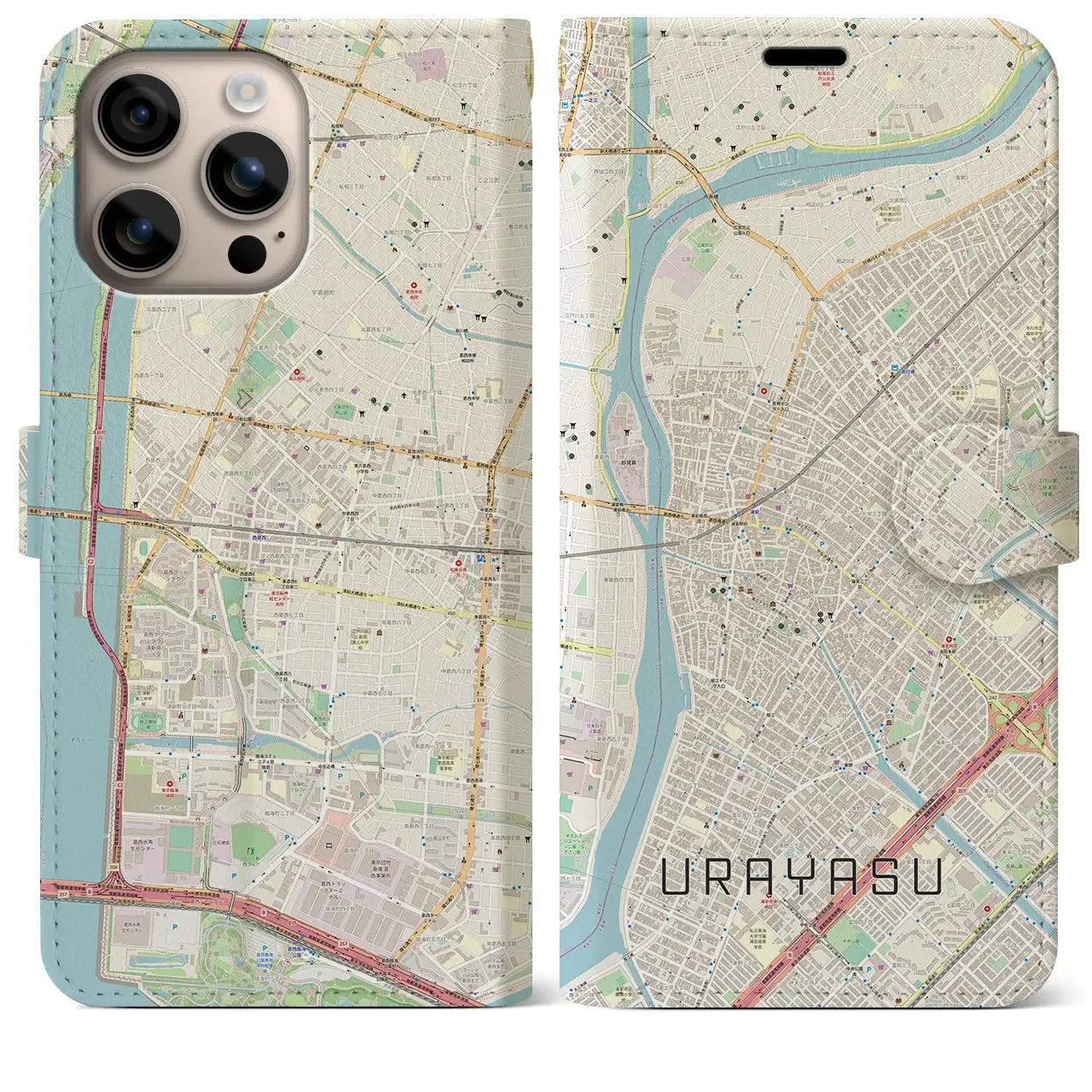 【浦安（千葉県）】地図柄iPhoneケース（手帳タイプ）ナチュラル・iPhone 16 Plus 用