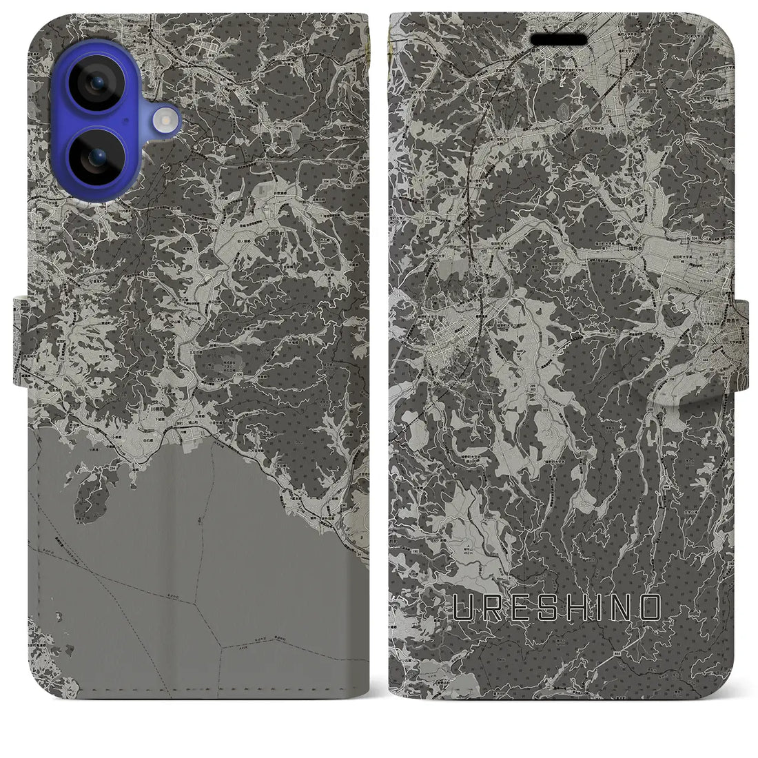 【嬉野(佐賀県)】地図柄iPhoneケース(手帳タイプ)モノトーン・iPhone 16 Pro Max 用