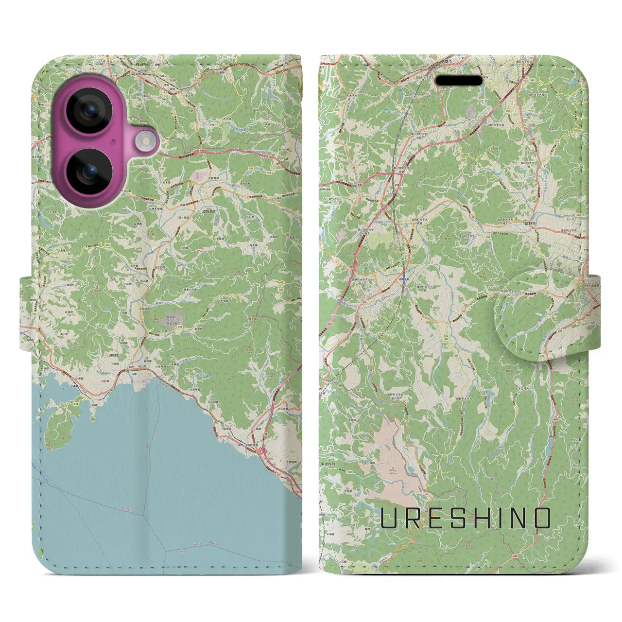 【嬉野（佐賀県）】地図柄iPhoneケース（手帳タイプ）ナチュラル・iPhone 16 Pro 用