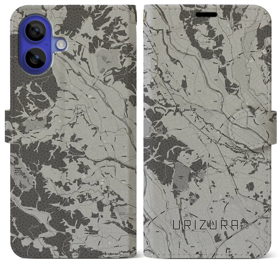 【瓜連(茨城県)】地図柄iPhoneケース(手帳タイプ)モノトーン・iPhone 16 Pro Max 用