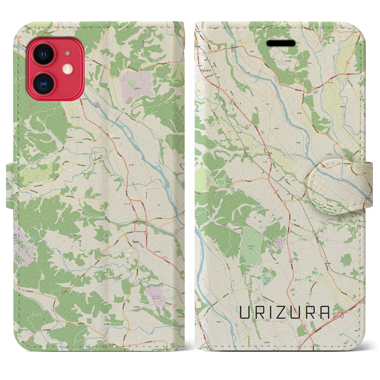 【瓜連（茨城県）】地図柄iPhoneケース（手帳タイプ）ナチュラル・iPhone 11 用