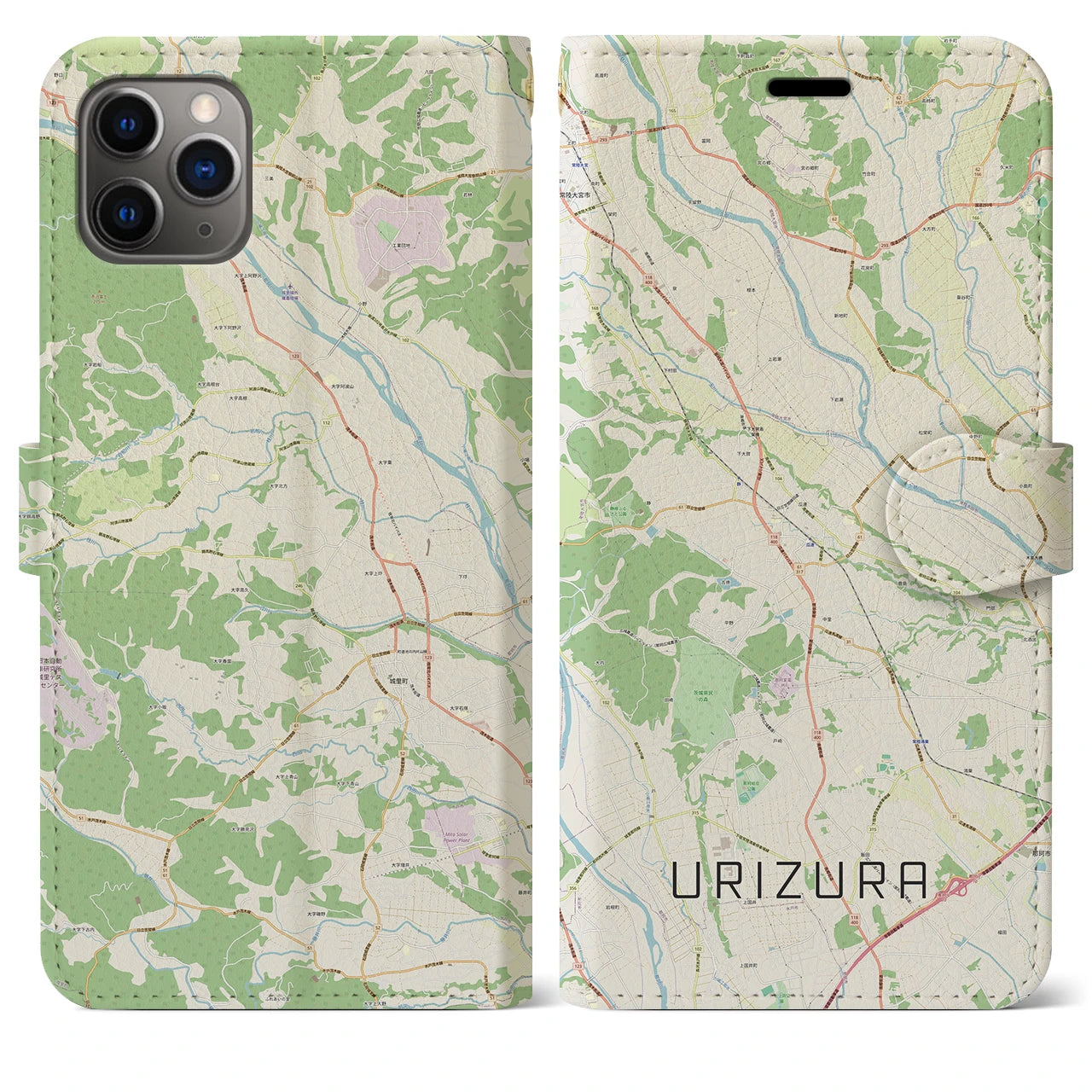 【瓜連（茨城県）】地図柄iPhoneケース（手帳タイプ）ナチュラル・iPhone 11 Pro Max 用