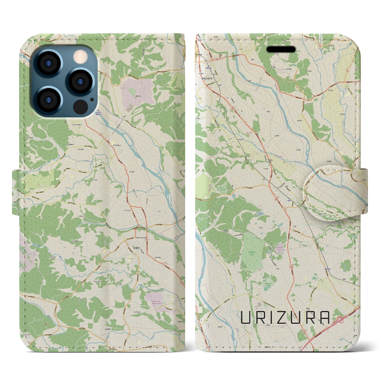 【瓜連（茨城県）】地図柄iPhoneケース（手帳タイプ）ナチュラル・iPhone 12 / 12 Pro 用