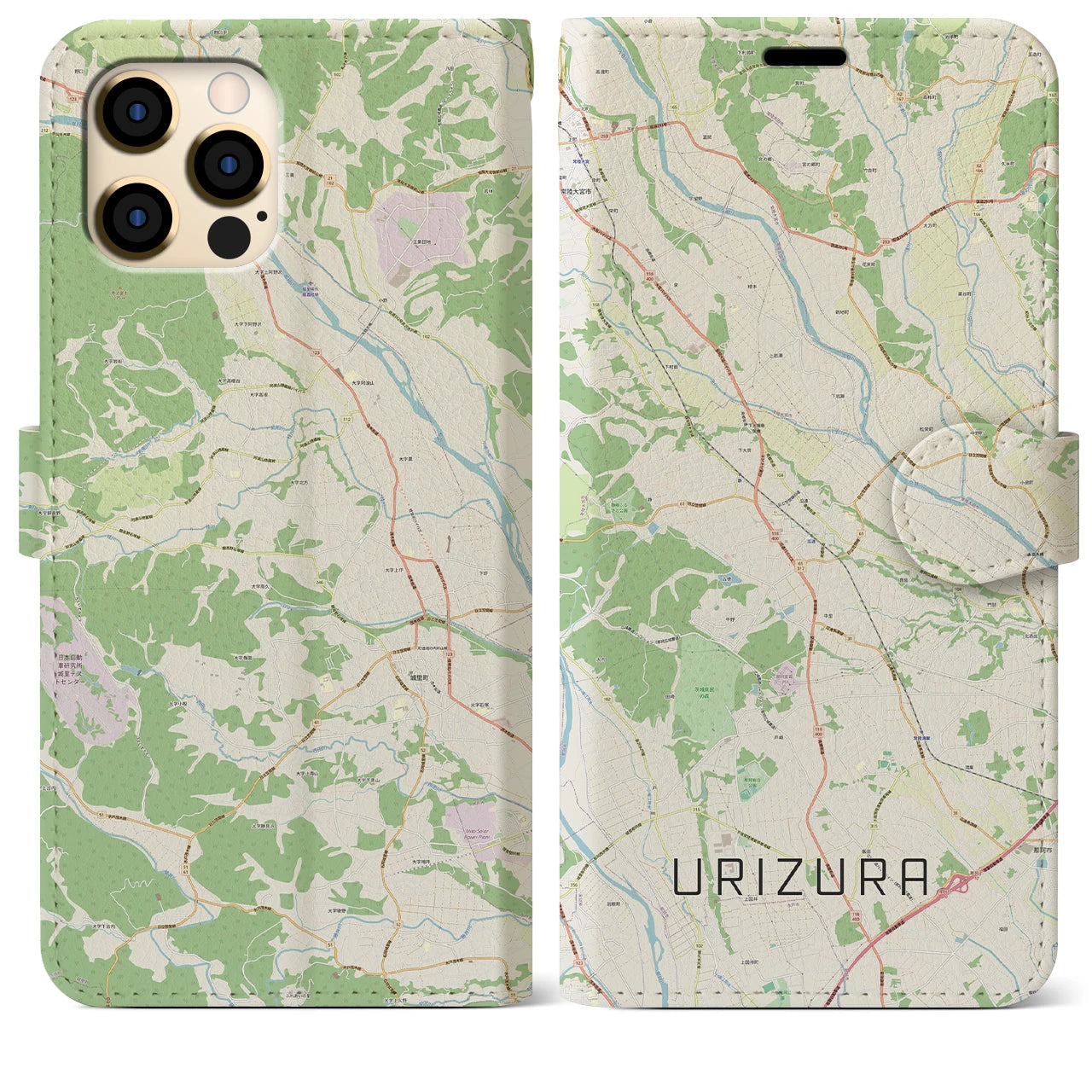 【瓜連（茨城県）】地図柄iPhoneケース（手帳タイプ）ナチュラル・iPhone 12 Pro Max 用