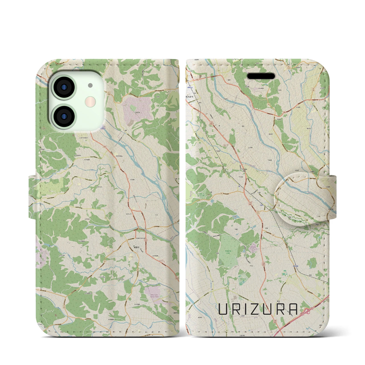 【瓜連（茨城県）】地図柄iPhoneケース（手帳タイプ）ナチュラル・iPhone 12 mini 用