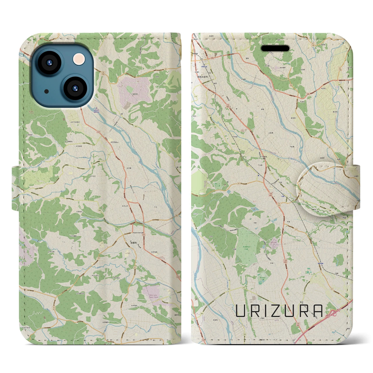 【瓜連（茨城県）】地図柄iPhoneケース（手帳タイプ）ナチュラル・iPhone 13 用